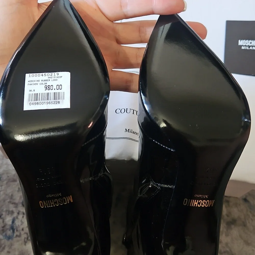 Moschino Patent Leather Pointed Toe Stiletto Boot – Black, 36.5